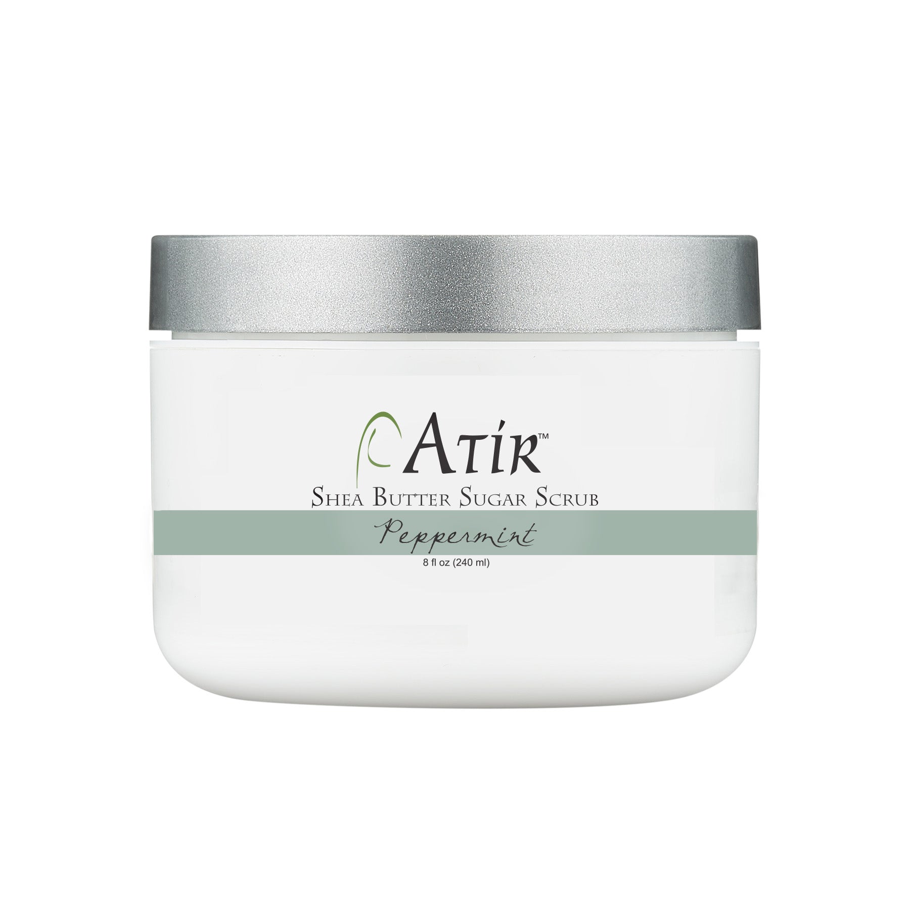 ATiR Peppermint Whipped Shea Butter Sugar Scrub in jar, non-toxic exfoliant, refreshing mint scented body scrub, natural skincare for smooth feet and hands.